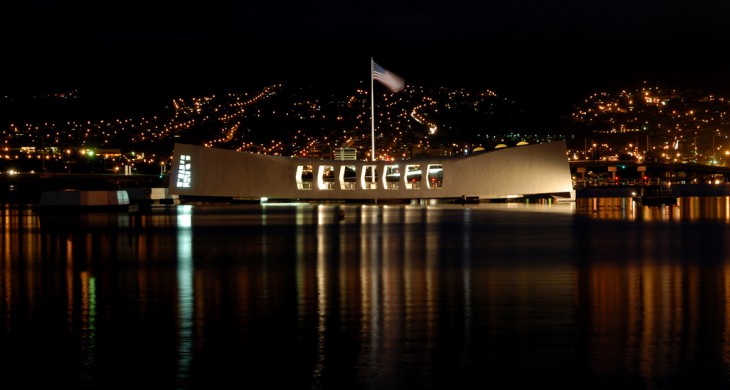 The USS Arizona Memorial glows in the night in Pearl Harbor, Hawaii, on Dec. 6, 2006. DoD photo by Petty Officer 1st Class James E. Foehl, U.S Navy.